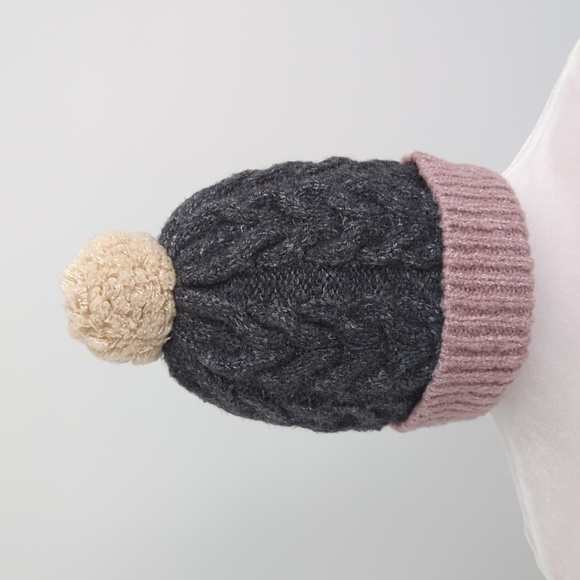 Pistil Pom Pom Cable Knit Beanie Grey Pink - Picture 1 of 8